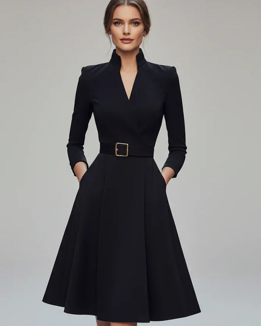 Elegant V-Neck Waist-Cinch Dress with Belt The Nichole Collection