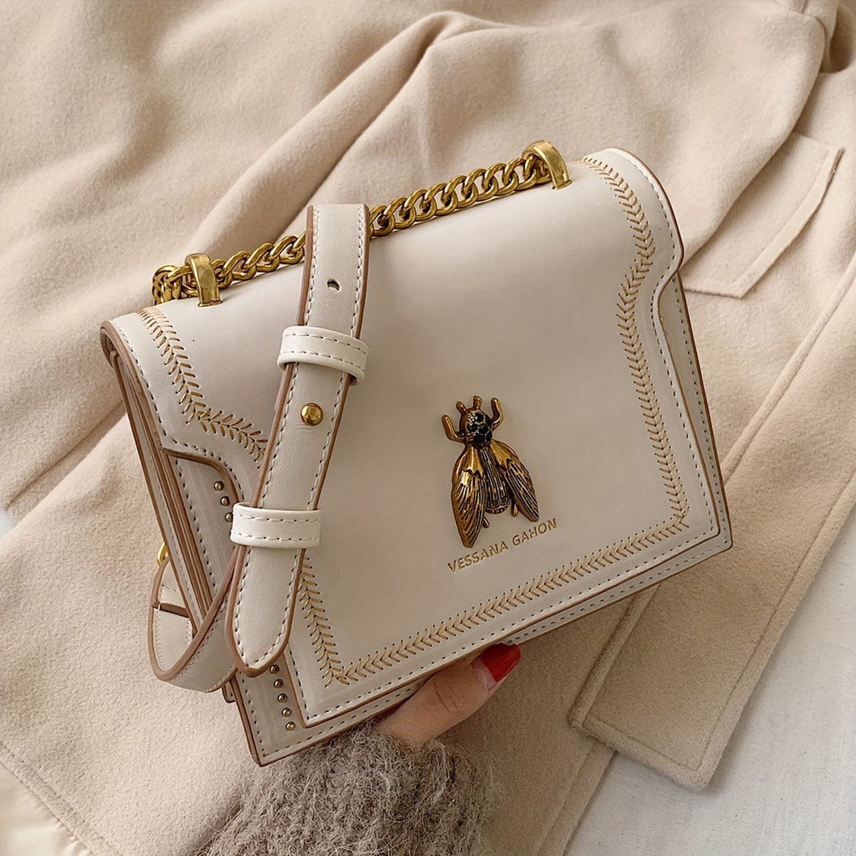 Elegant Vegan Leather Bee Pendant Handbag Light Cream Crossbody The Nichole Collection