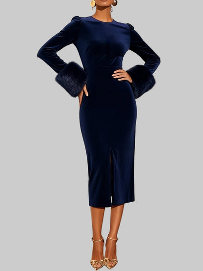 Elegant Winter Faux-Fur-Collar A-Line Dress Dress The Nichole Collection