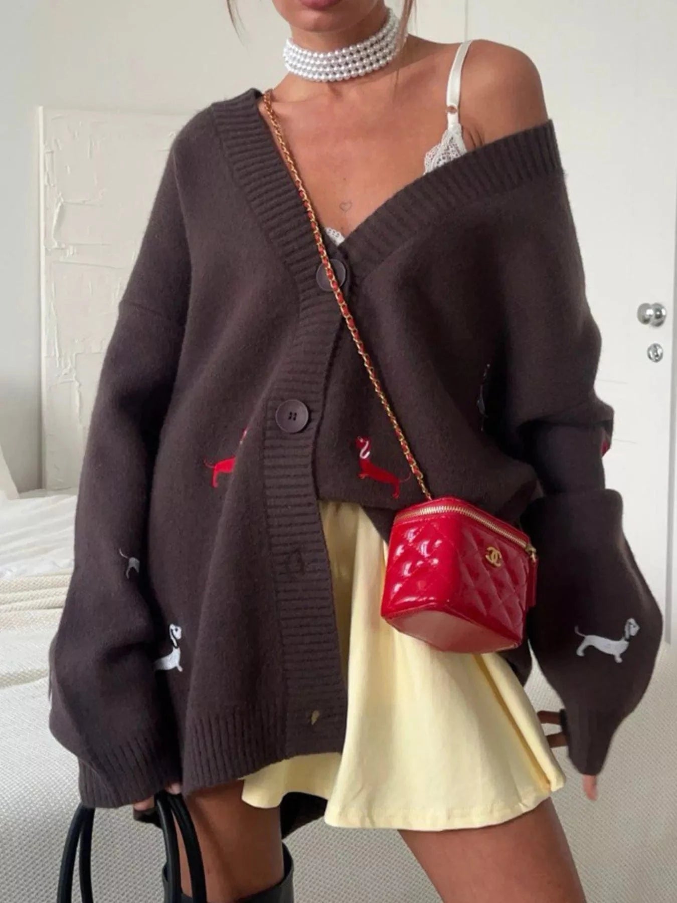 Embroidered Button Up Cardigan Cardigan Brown / S The Nichole Collection