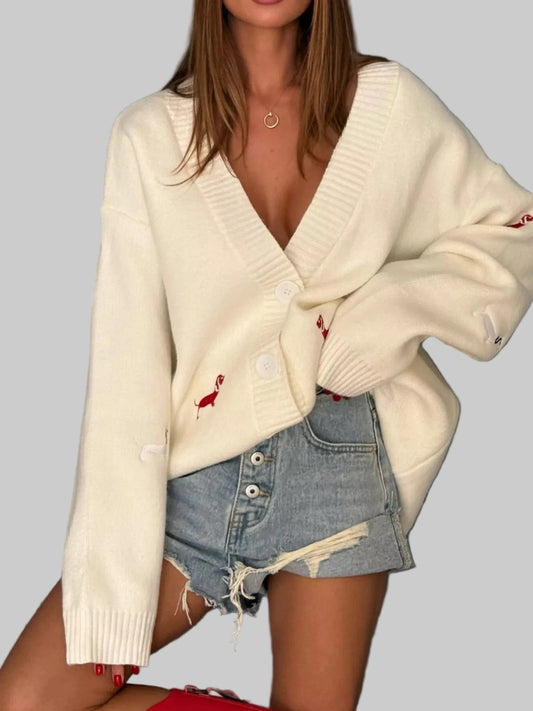 Embroidered Button Up Cardigan Cardigan Cream / S The Nichole Collection