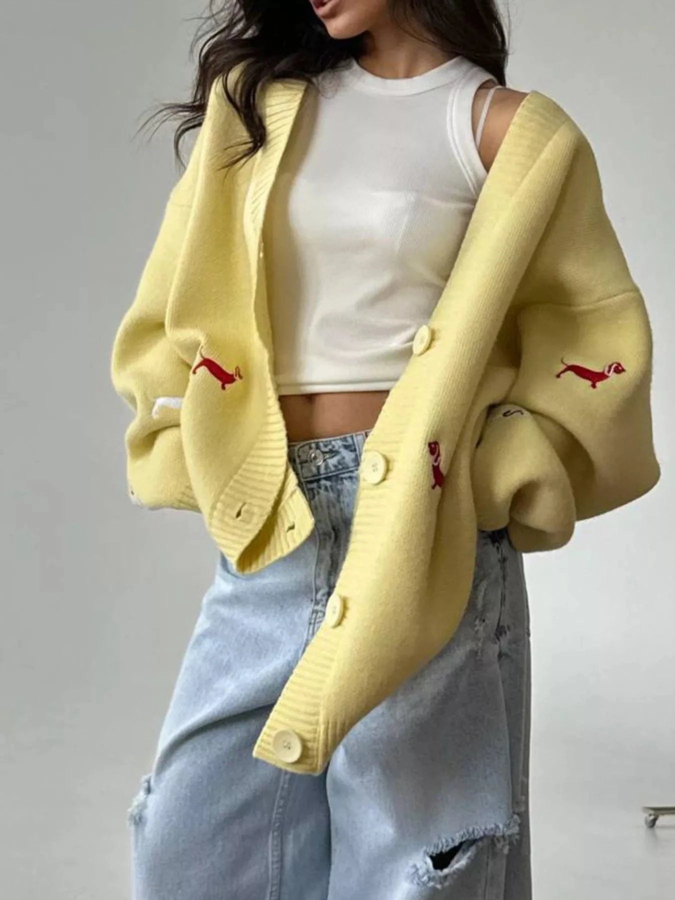 Embroidered Button Up Cardigan Cardigan Yellow / S The Nichole Collection