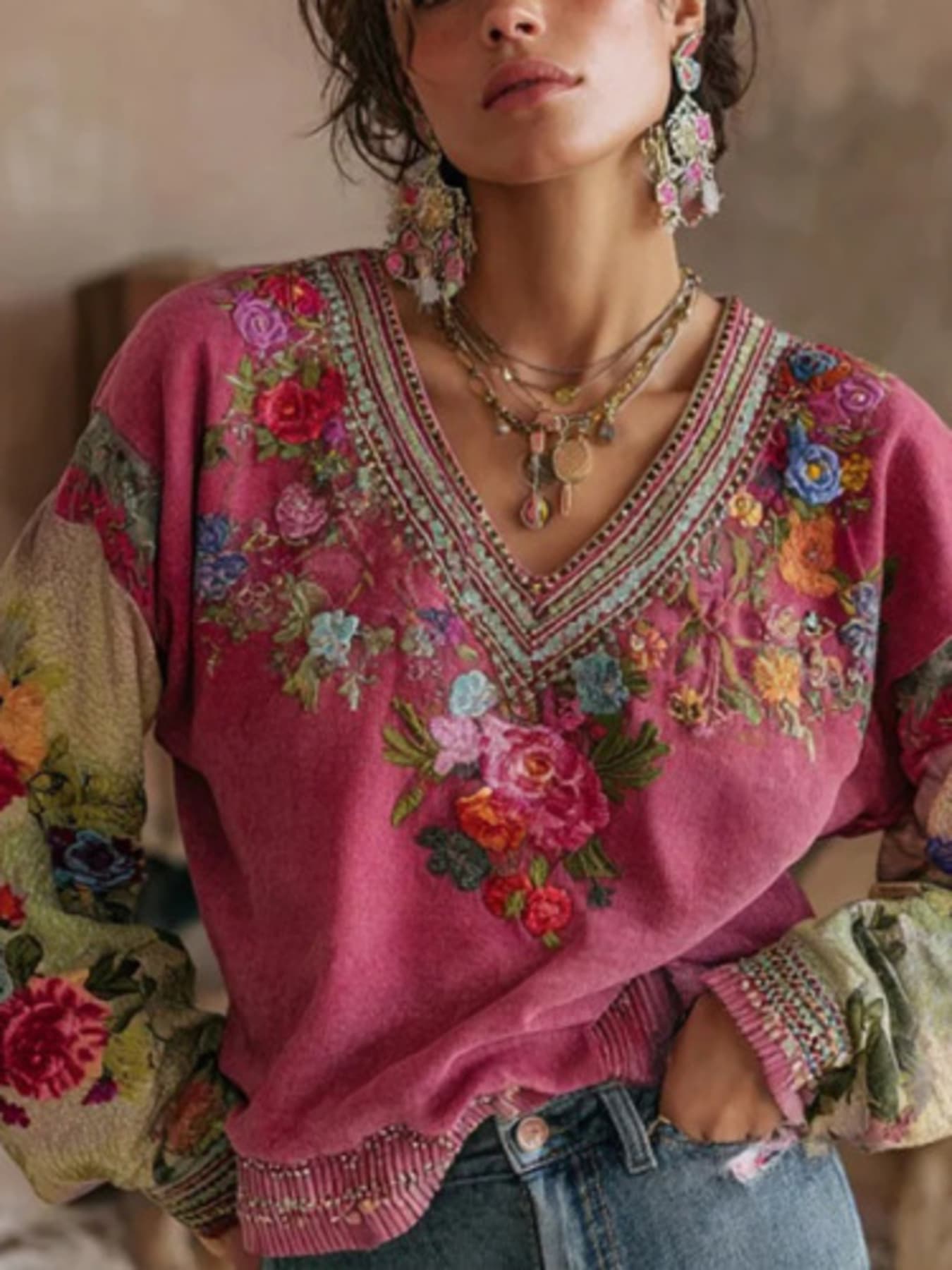 Embroidered Floral V-Neck Blouse Deep Rose / S The Nichole Collection