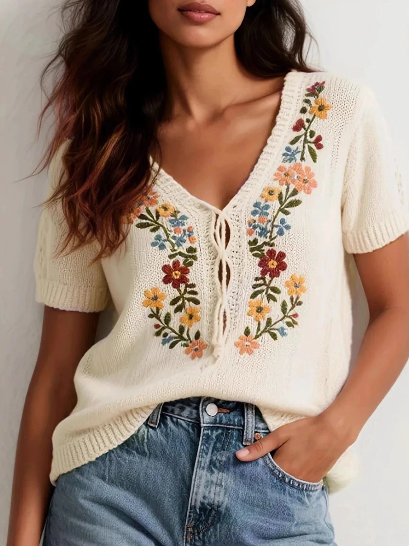 Embroidered Floral V-Neck Sweater Sweaters Cream / S The Nichole Collection