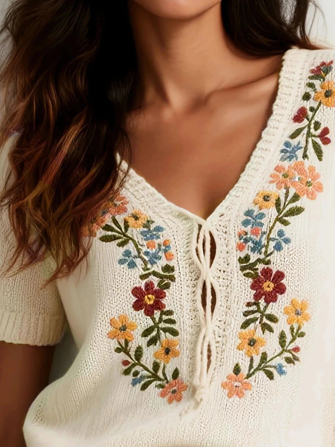 Embroidered Floral V-Neck Sweater Sweaters The Nichole Collection