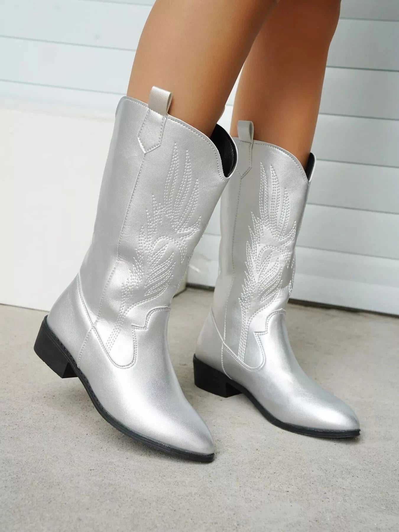 Embroidered Patent Leather Block Heels Boots The Nichole Collection
