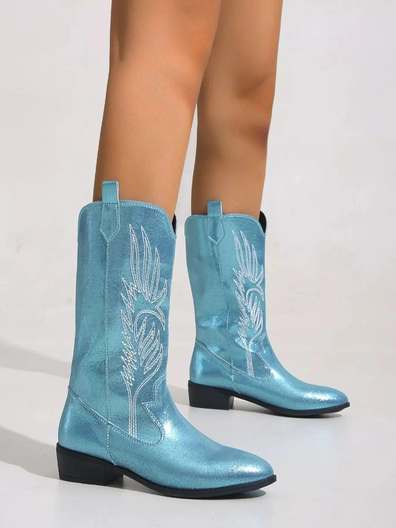 Embroidered Patent Leather Block Heels Boots Peacock Blue / 36 The Nichole Collection