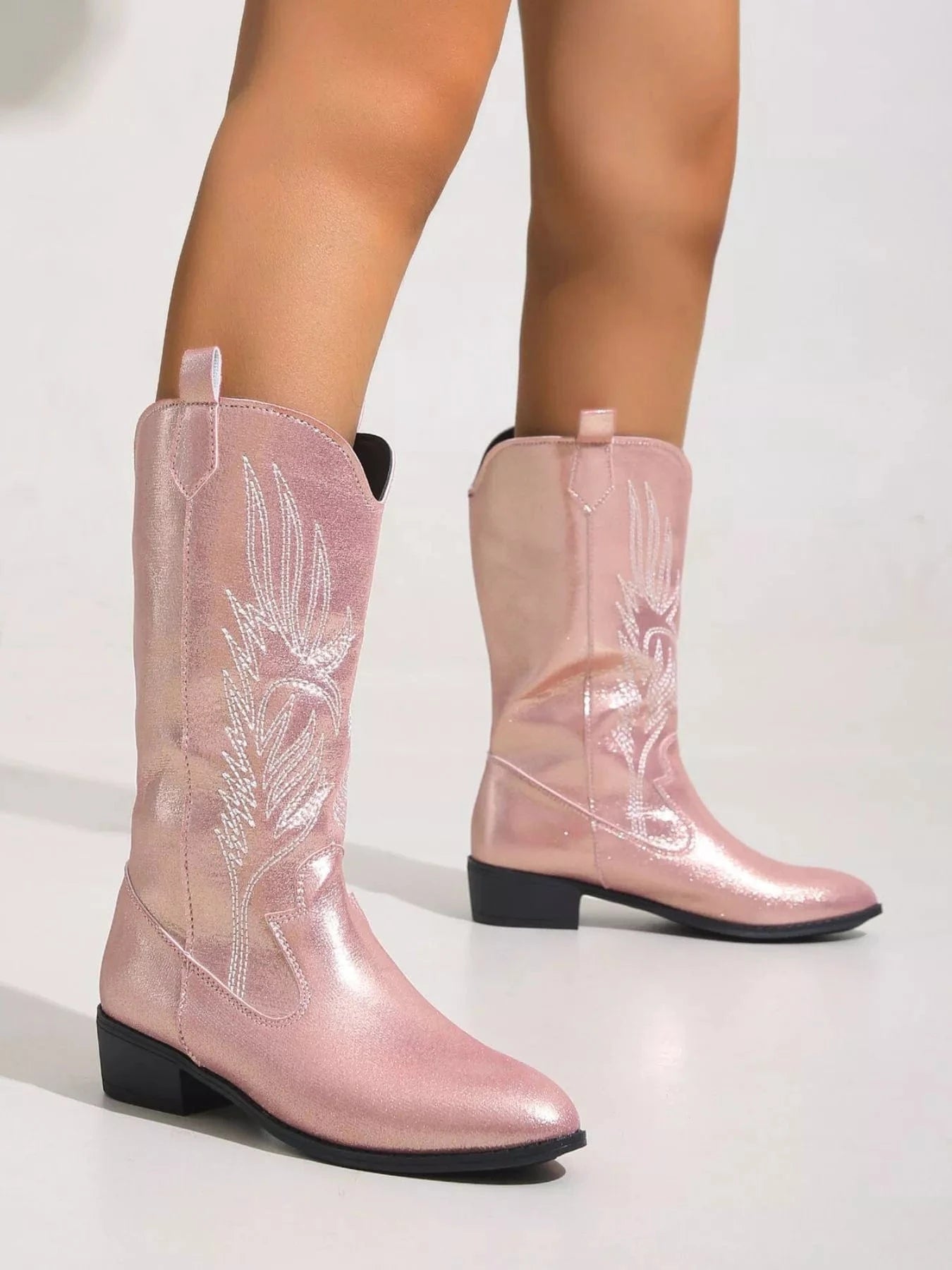 Embroidered Patent Leather Block Heels Boots Pink / 36 The Nichole Collection