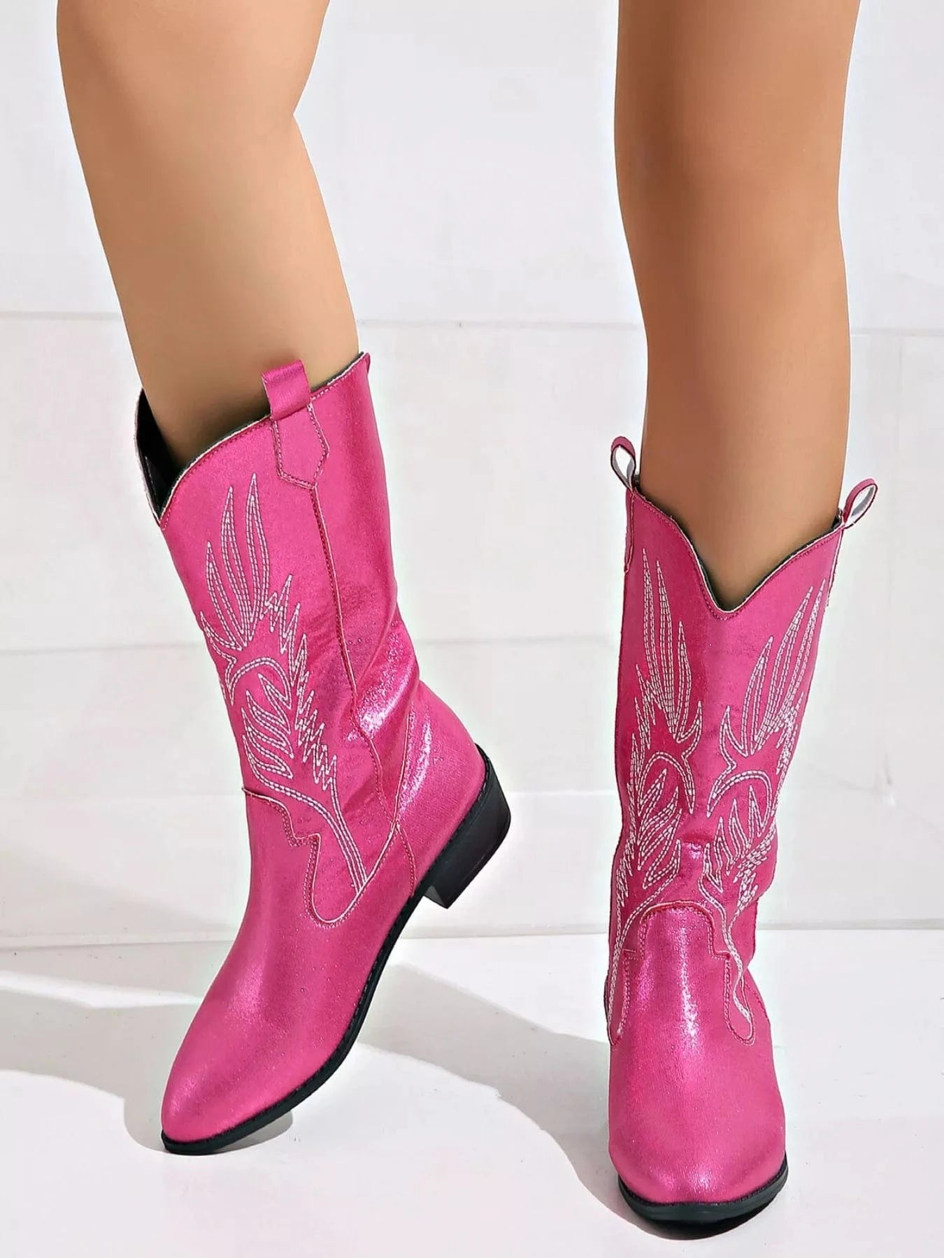 Embroidered Patent Leather Block Heels Boots Hot Pink / 36 The Nichole Collection