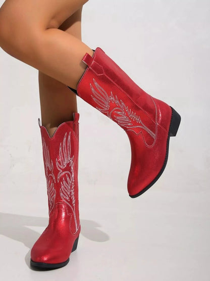Embroidered Patent Leather Block Heels Boots The Nichole Collection