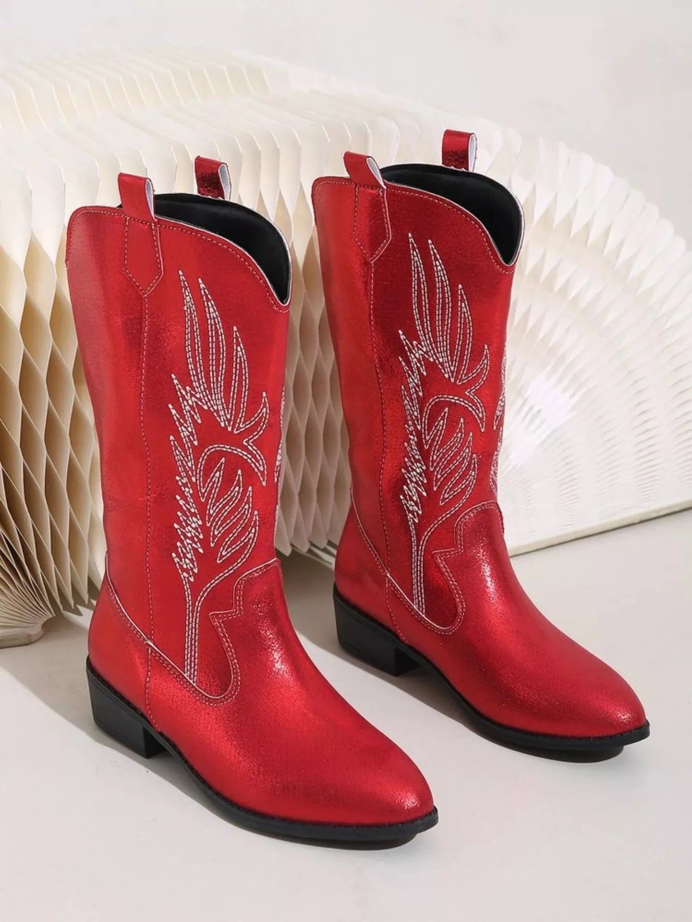 Embroidered Patent Leather Block Heels Boots Red / 36 The Nichole Collection