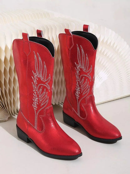 Embroidered Patent Leather Block Heels Boots Red / 36 The Nichole Collection