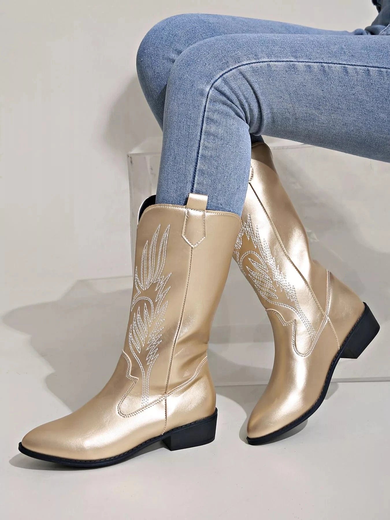 Embroidered Patent Leather Block Heels Boots Gold / 36 The Nichole Collection