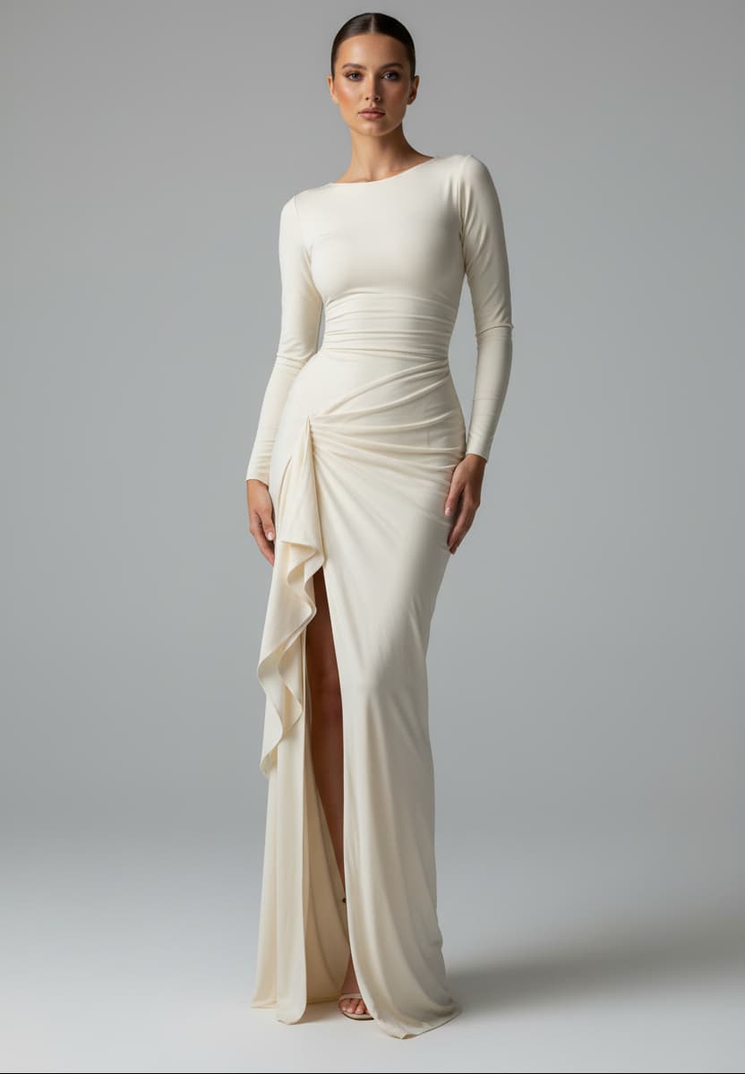 European Luxe Flow Asymmetrical Slit Maxi Dress Apricot / S Maxi Dresses The Nichole Collection - Official Site