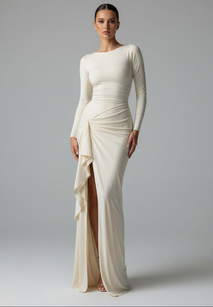 European Luxe Flow Asymmetrical Slit Maxi Dress Apricot / S Maxi Dresses The Nichole Collection - Official Site