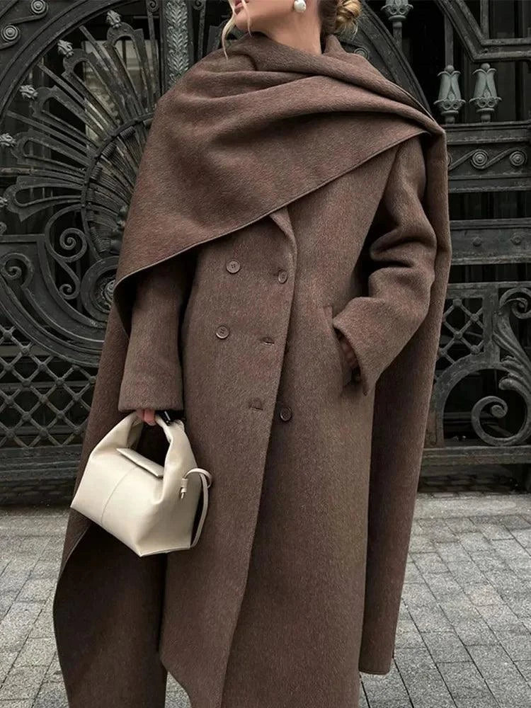 European Style Single-Breasted Wool Coat with Scarf Accent Coats Brown / S The Nichole Collection