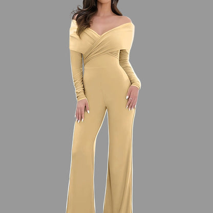 European Style V-Neck Wide Leg Jumpsuit Women's Sets Khaki / S The Nichole Collection