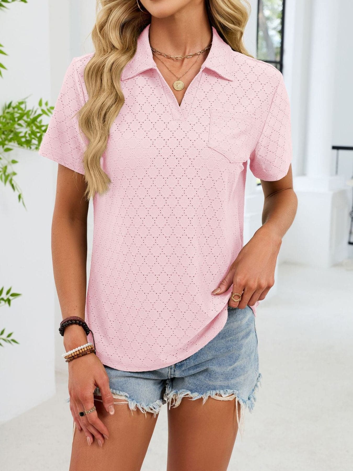 Eyelet Short Sleeve Blouse Blush Pink / S The Nichole Collection