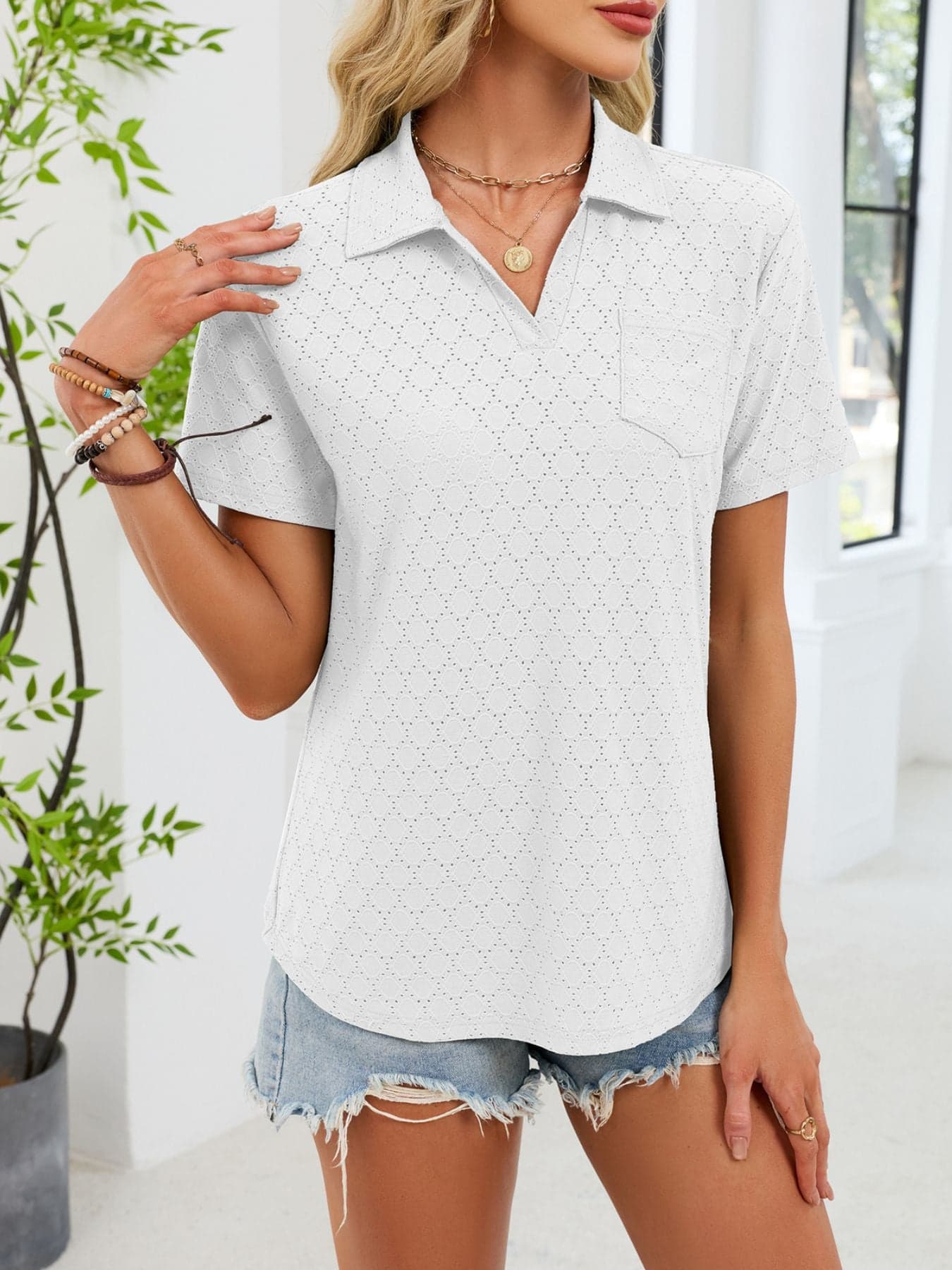 Eyelet Short Sleeve Blouse White / S The Nichole Collection