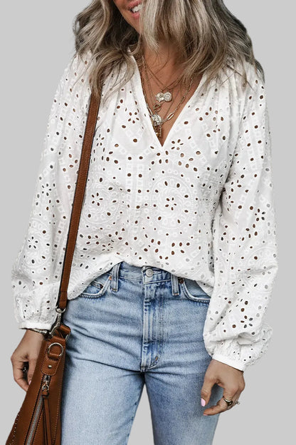 Eyelet V-Neck Long Sleeve Blouse The Nichole Collection