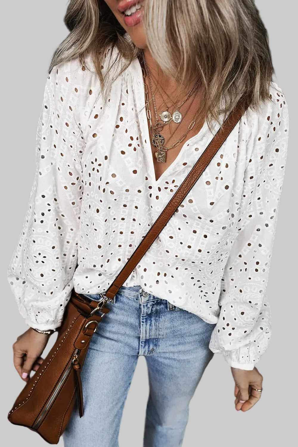 Eyelet V-Neck Long Sleeve Blouse The Nichole Collection
