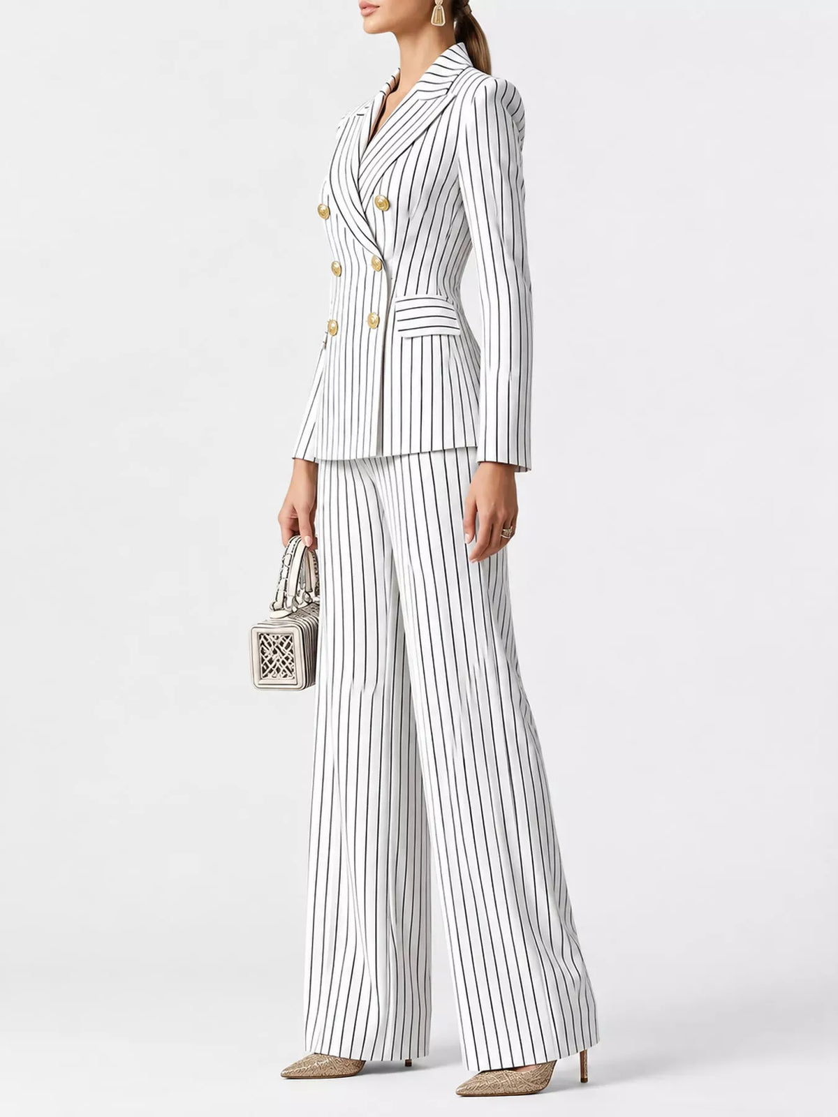 Double-Breasted Pinstripe Blazer and Wide-Leg Pants Set The Nicole Collection