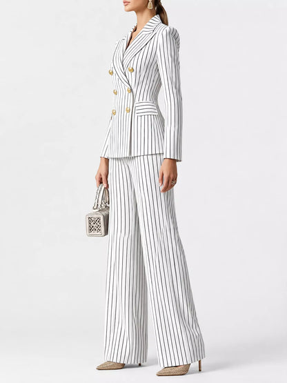 Double-Breasted Pinstripe Blazer and Wide-Leg Pants Set The Nicole Collection