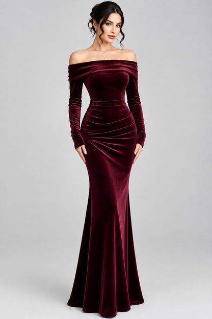 Off-Shoulder Ruched Velvet Mermaid Maxi Dress The Nichole Collection - Official Site