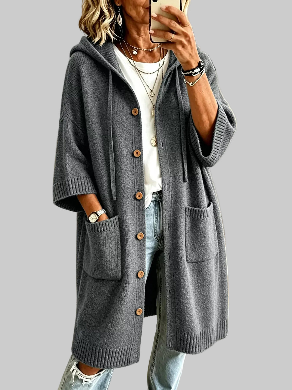 HOODED BUTTON-FRONT KNIT LONG CARDIGAN The Nichole Collection - Official Site