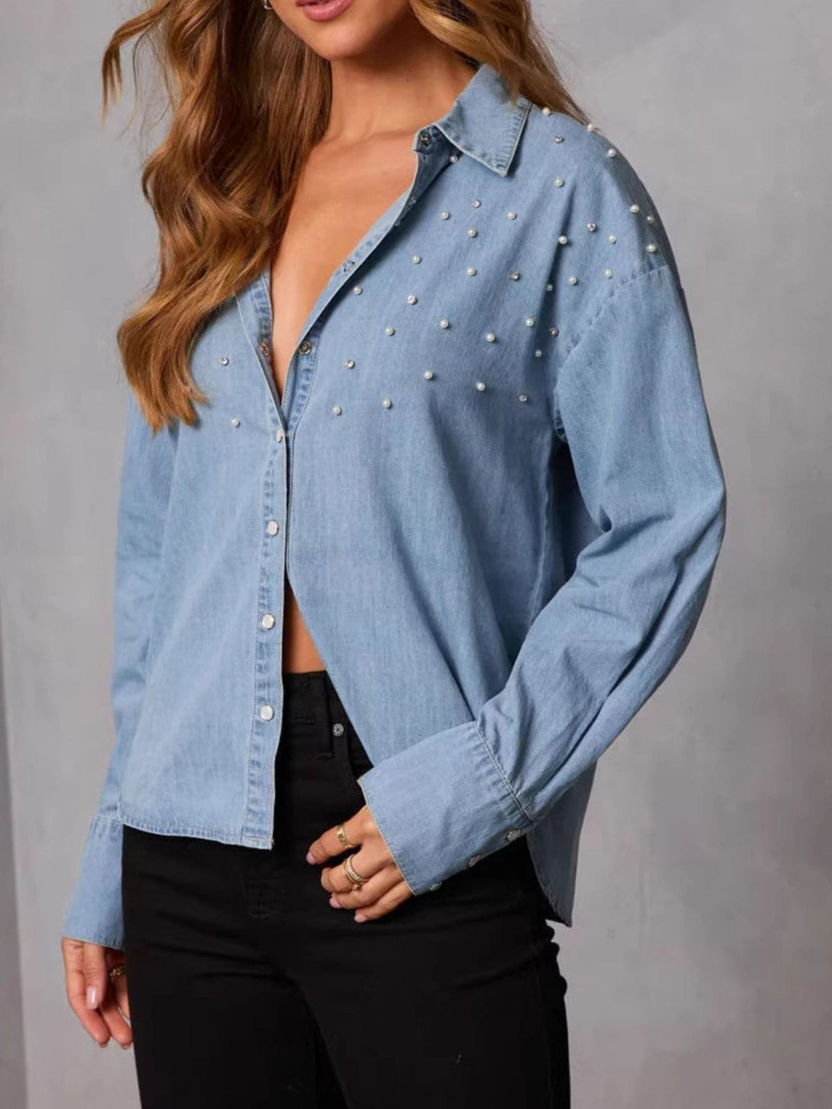 Pearl-Embellished Button-Up Denim Shirt The Nichole Collection