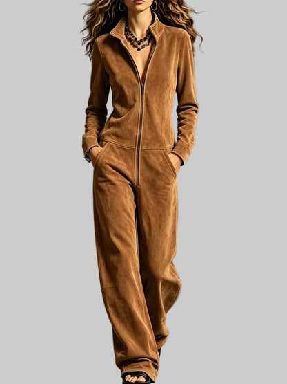 Velour Zip-Up Jumpsuit with Pockets The Nichole Collection