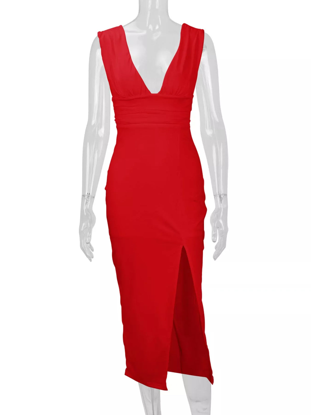 Sleeveless Deep V-Neck Ruched High-Slit Bodycon Dress The Nichole Collection - Official Site