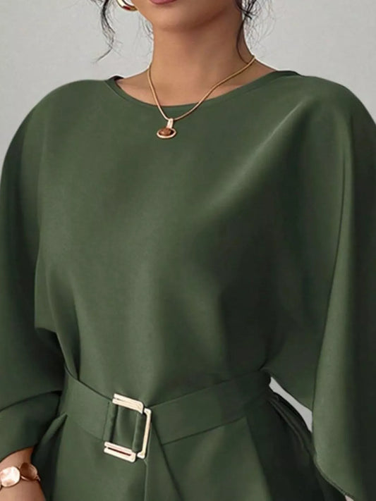 Round-Neck Belted Batwing-Sleeve Blouse | The Nichole Collection