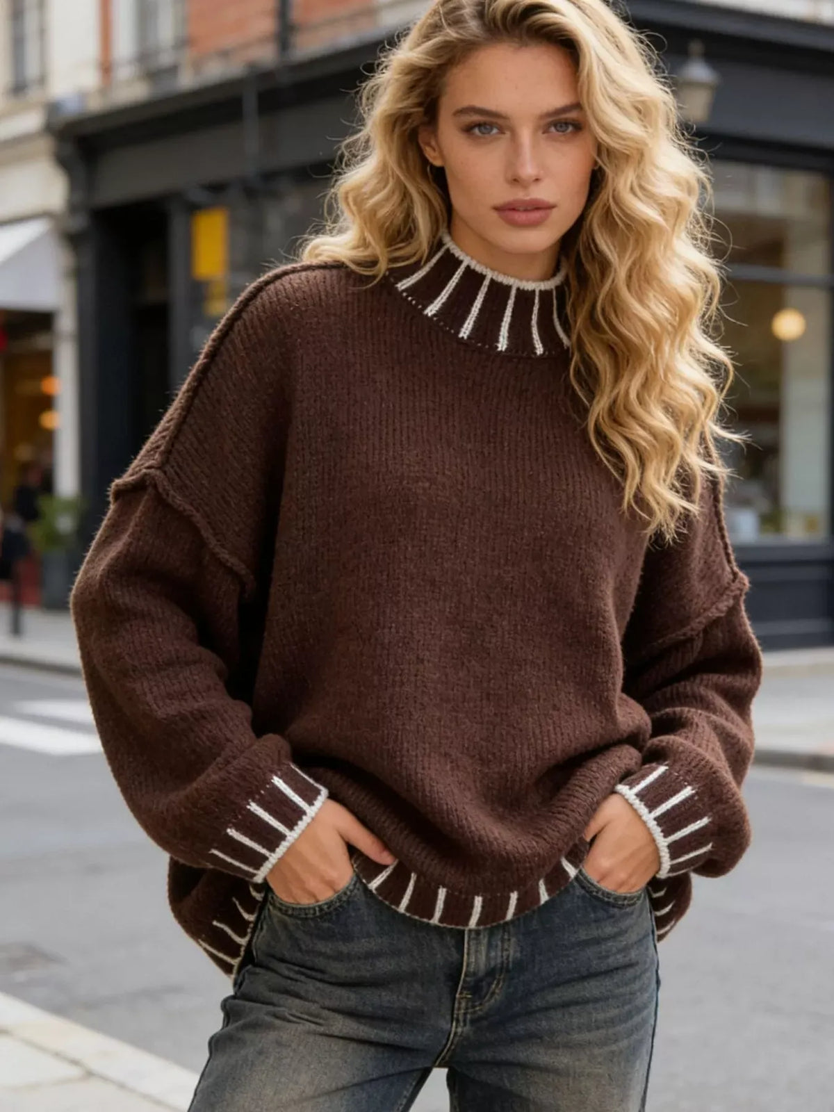 Contrast-Trim Dropped-Shoulder Turtleneck Sweater The Nichole Collection - Official Site