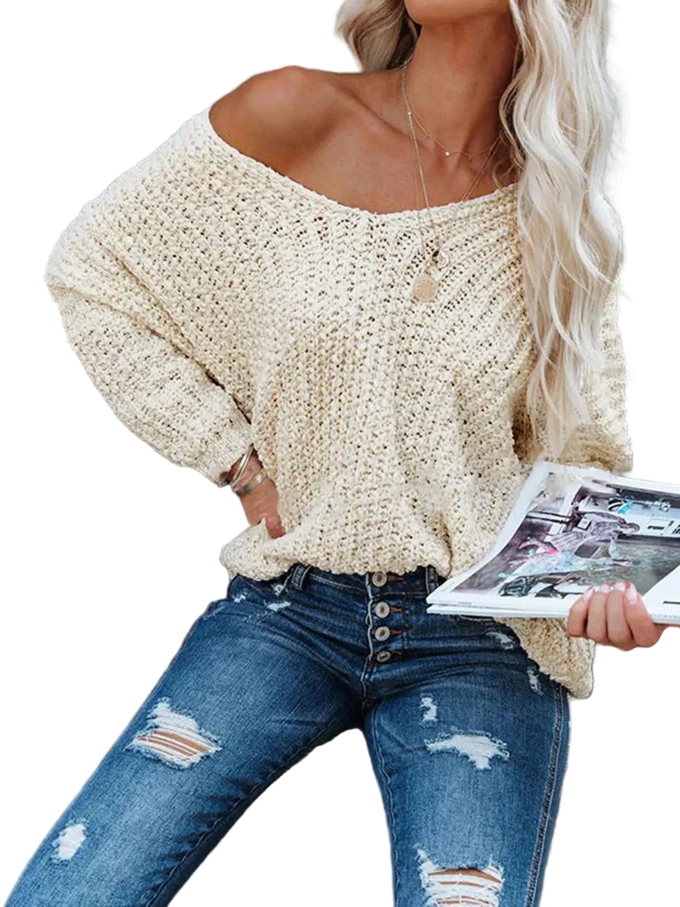 Fall V-Neck Long Sleeve Sweater Sweaters Beige / S The Nichole Collection
