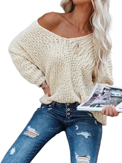 Fall V-Neck Long Sleeve Sweater Sweaters Beige / S The Nichole Collection