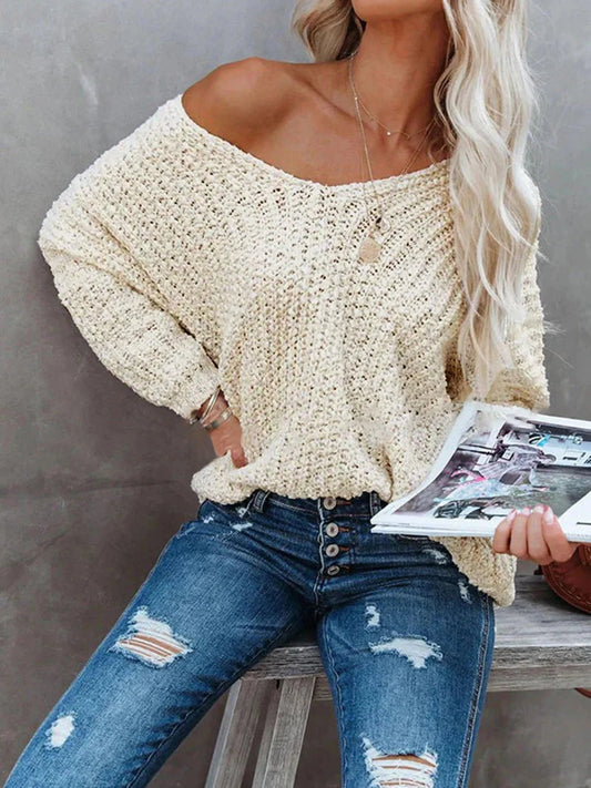 Fall V-Neck Long Sleeve Sweater Sweaters Beige / S The Nichole Collection