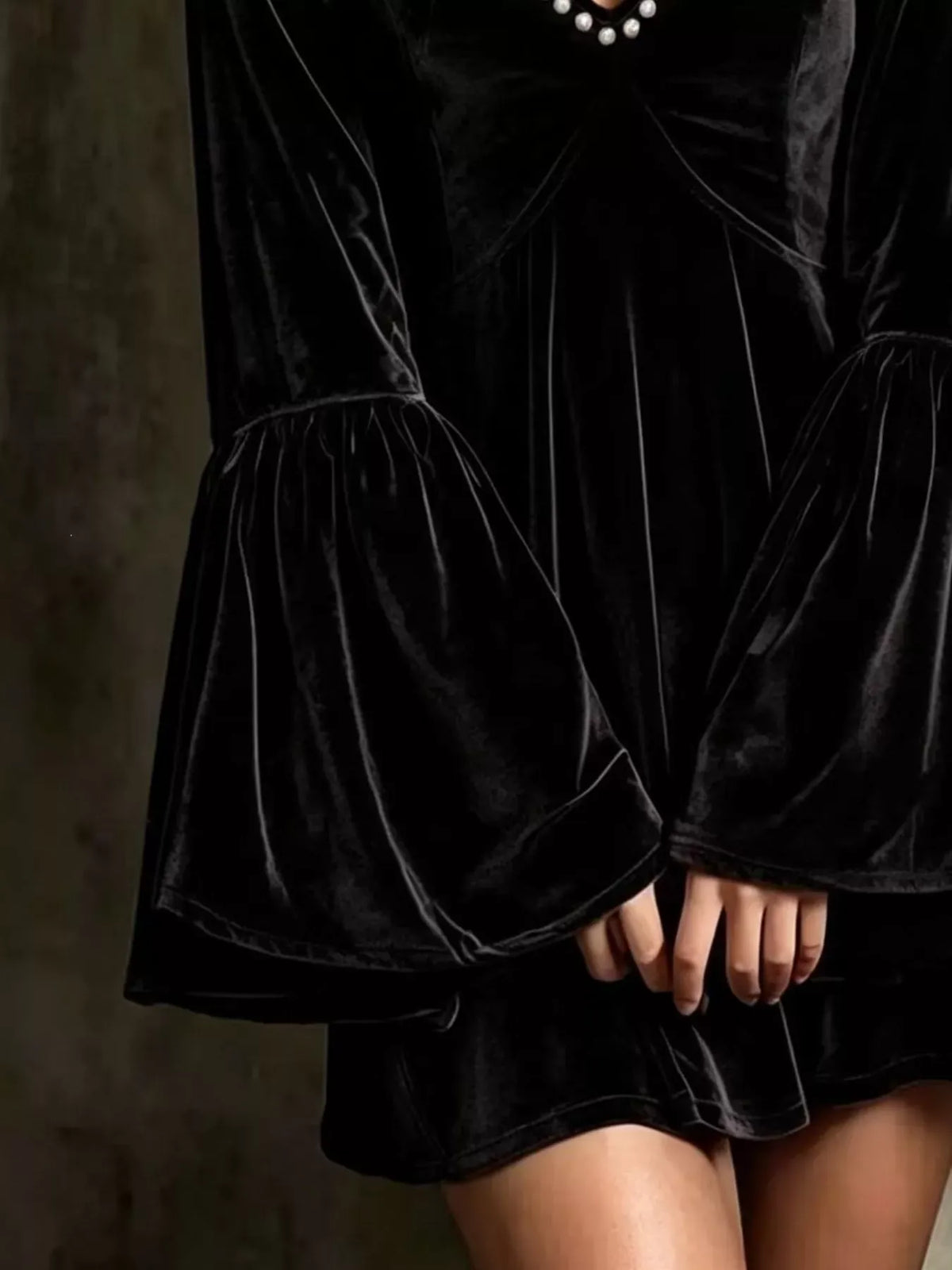 Velvet Bell-Sleeve Mini Dress with Pearl-Embellished V-Neck The Nichole Collection