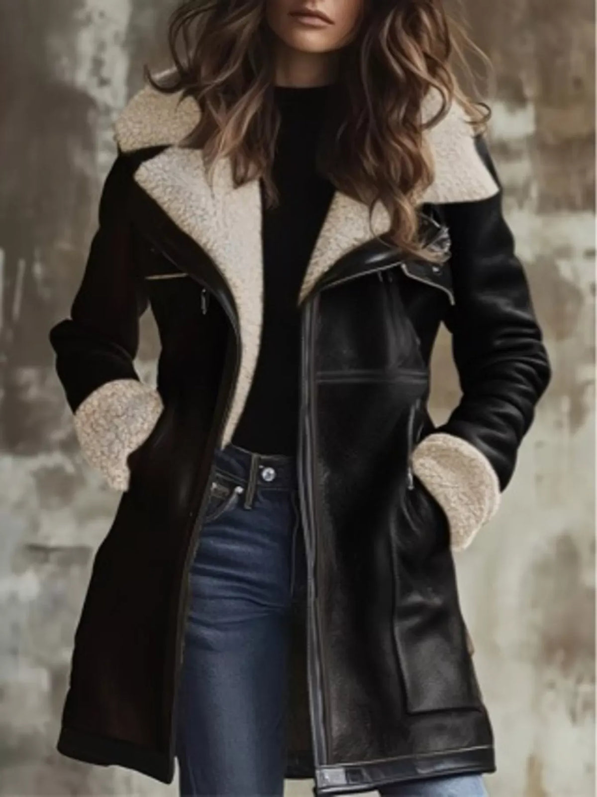 Faux-Leather Aviator Coat with Sherpa Trim The Nichole Collection