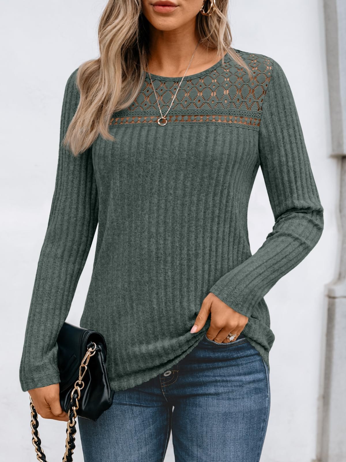 Feminine Lace Detail Fall Blouse Blouses Small / Green The Nichole Collection