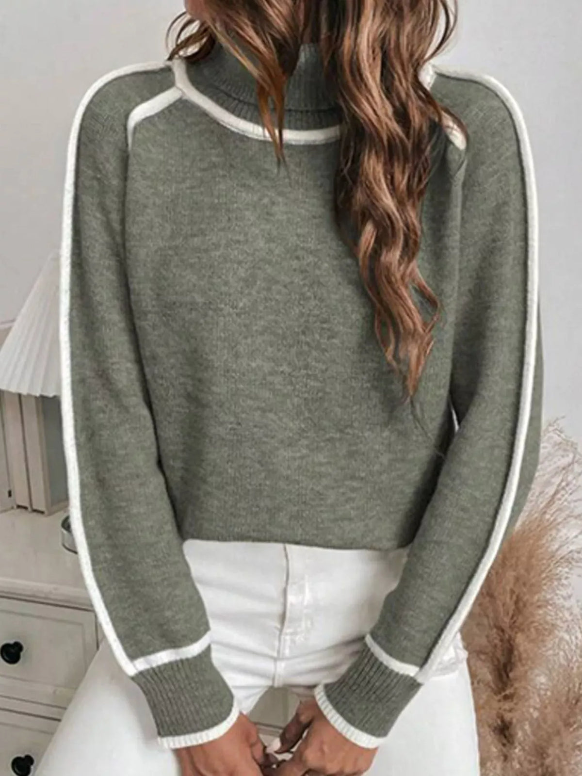 Contrast-Stitch Ribbed-Hem Turtleneck Sweater The Nichole Collection - Official Site