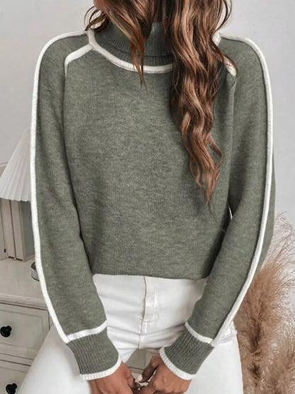 Contrast-Stitch Ribbed-Hem Turtleneck Sweater The Nichole Collection - Official Site