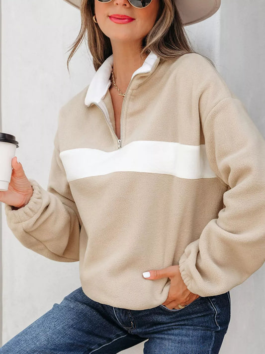 Fleece Colorblock Patchwork Zipped Neck Pullover Sweatshirt Khaki / S The Nichole Collection - Official Site