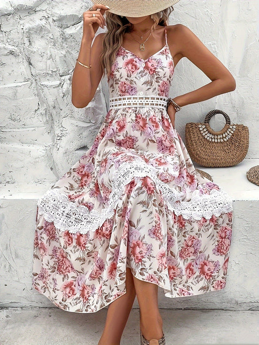 Flirty Floral Lace Cami Dress with V Neck and Spaghetti Straps The Nichole Collection