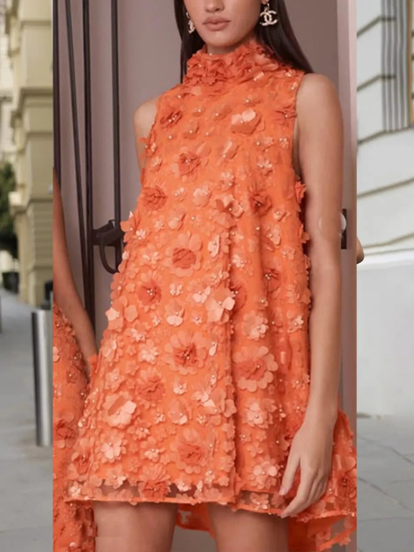 Floral Applique High Neck Sleeveless Mini Dress Orange / S The Nichole Collection - Official Site