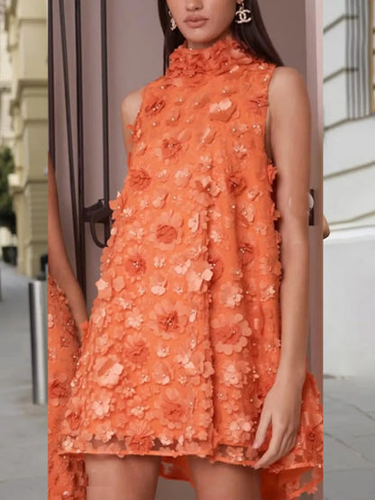 Floral Applique High Neck Sleeveless Mini Dress Orange / S The Nichole Collection - Official Site