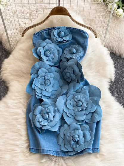 Floral Applique Strapless Denim Dress The Nichole Collection - Official Site
