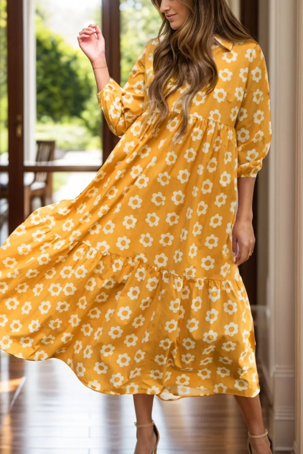Floral Collared Neck Three-Quarter Sleeve Dress Gold / S The Nichole Collection
