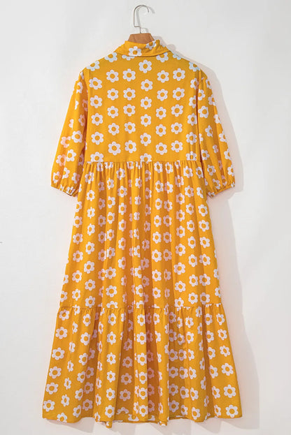 Floral Collared Neck Three-Quarter Sleeve Dress The Nichole Collection