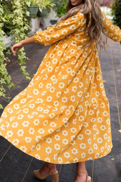 Floral Collared Neck Three-Quarter Sleeve Dress The Nichole Collection